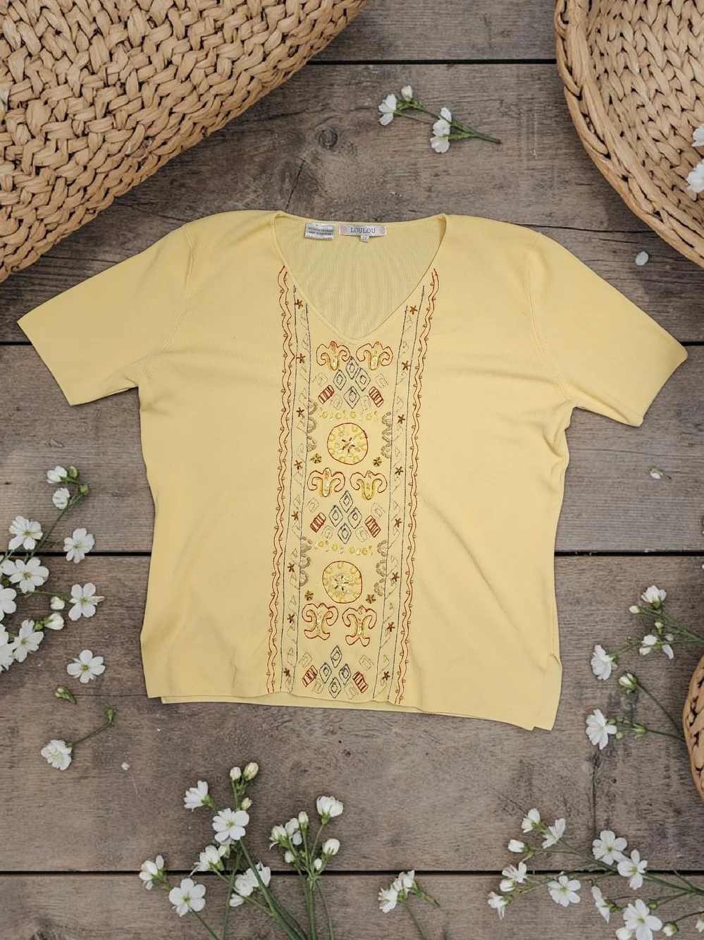 Yellow Embroidered V-Neck Short Sleeve Sweater Top- Brand Is LOULOU - Picture 1 of 9